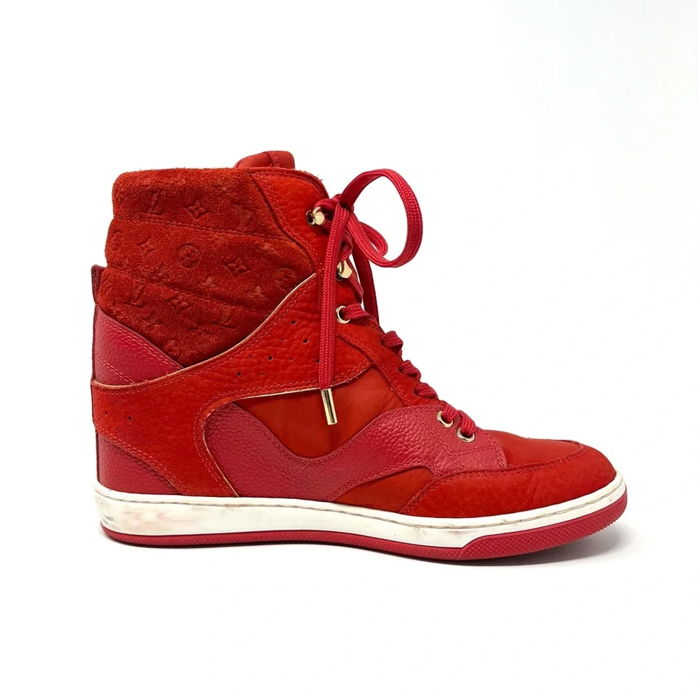 Louis Vuitton LV Logo Monogram High Top Suede Wedge Sneakers Shoes Red 37.5 7.5